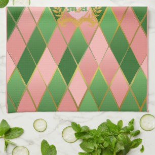 Ultra Chic Elegant Rosa Grün Argyle Monogramm Wapp Geschirrtuch