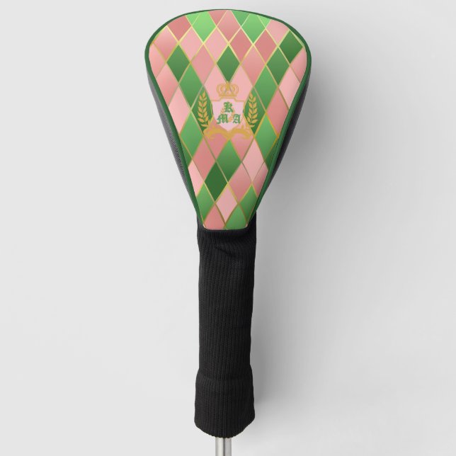 Ultra Chic Preppy Pink Green Argyle Monogram Crest Golf Headcover (Vorderseite)