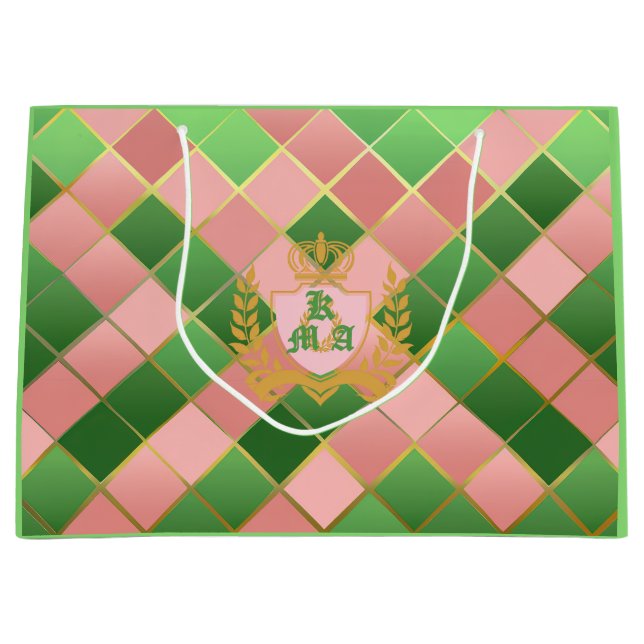 Ultra Chic Preppy Pink Green Argyle Monogram Crest Große Geschenktüte (Vorderseite)