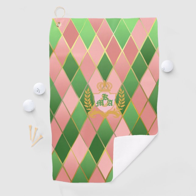 Ultra-chic preppy rosa grün Argyle-Monogrammwappen Golfhandtuch (Insitu)