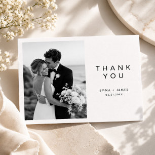 Ultra-minimalistische Schwarz-Weiß-Foto-Hochzeit Dankeskarte