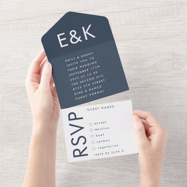 Ultra Modern Bold Navy Blue Monogram Wedding All In One Einladung (Abreißtisch)