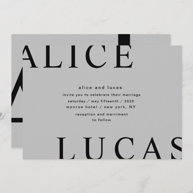Ultra Modern Layout Monogram Gray Wedding Einladung (Vorne/Hinten)