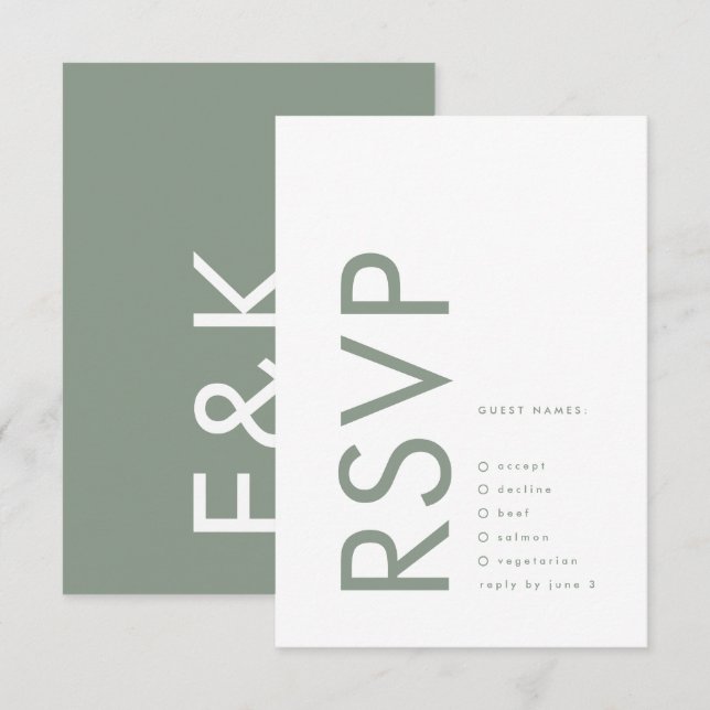 Ultra-Modern Sage Green Monogram Simple Wedding RSVP Karte (Vorne/Hinten)