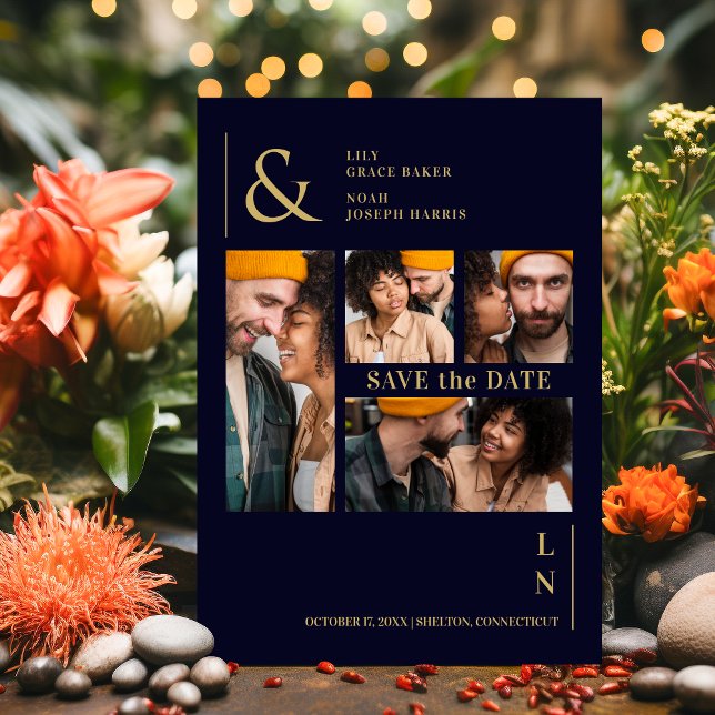Ultra Modern Trendy Navy & Gold 4 Multi Photos Save The Date (Ultra Modern Trendy Navy & Gold 4 Multi Photos Save The Date Card.)