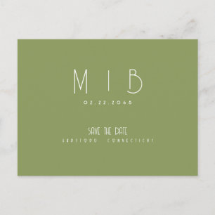 Ultra moderne Monogramm Moosgrün Save-the-Date-Kar Postkarte