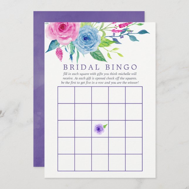 Ultra-Violet-Aquarell-Brautparty Bingo Einladung (Vorne/Hinten)