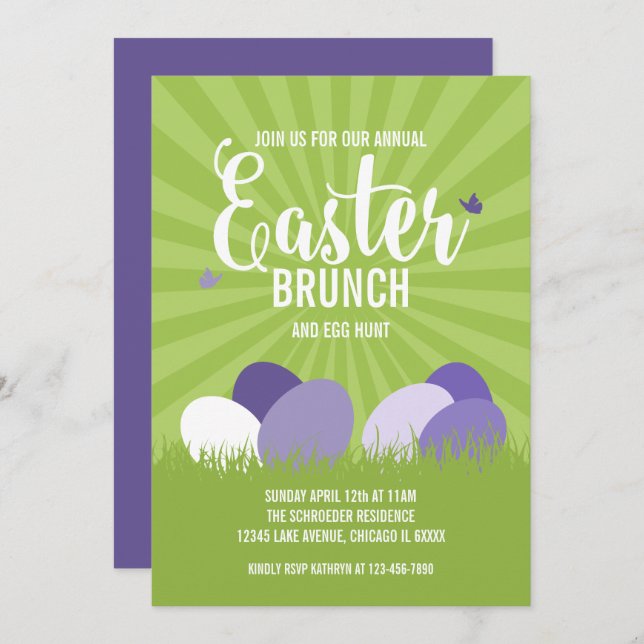 Ultra-Violet & Green Oaster Brunch Ei Hunt Card Einladung (Vorne/Hinten)