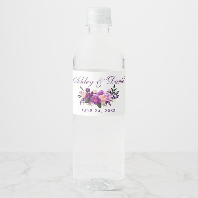 Ultra-Violet-Hochzeit mit Lila Blumenwasser, PS Wasserflaschenetikett (Vorderseite)