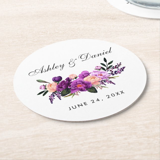 Ultra-Violet-Hochzeit mit Lila Blumenwasser Runder Pappuntersetzer (Angewinkelt)