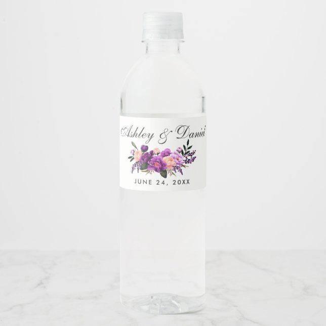 Ultra-Violet-Hochzeit mit Lila Blumenwasser Wasserflaschenetikett (Vorderseite)