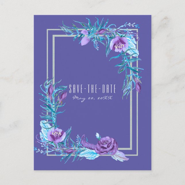 Ultra Violet Lila Aqua Floral Chic Save the Date Ankündigungspostkarte (Vorderseite)