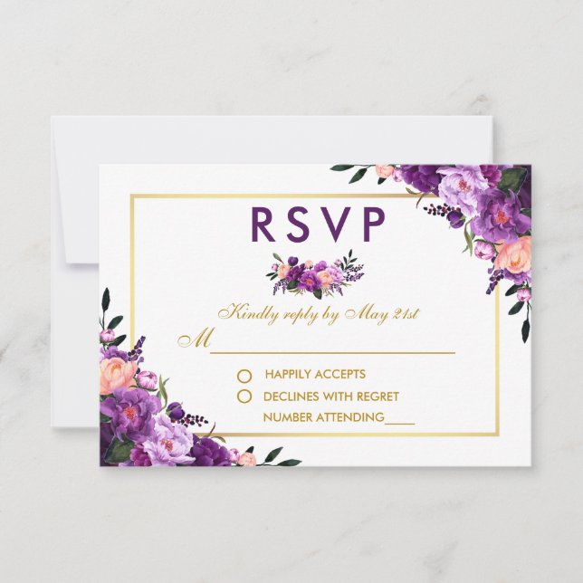 Ultra-Violet-Lila-Floral-Gold-UAWG Wedding P RSVP Karte (Vorderseite)