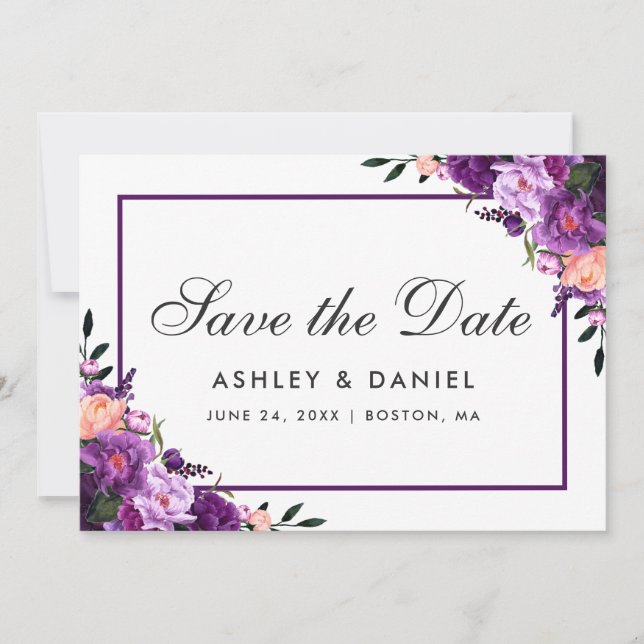 Ultra-Violet-Lila-florales Save the Date FPP (Vorderseite)