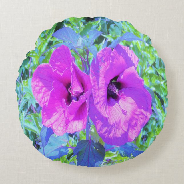 Ultra-Violet Plum Crazy Lila Hibiskus Blume Rundes Kissen (Vorderseite)