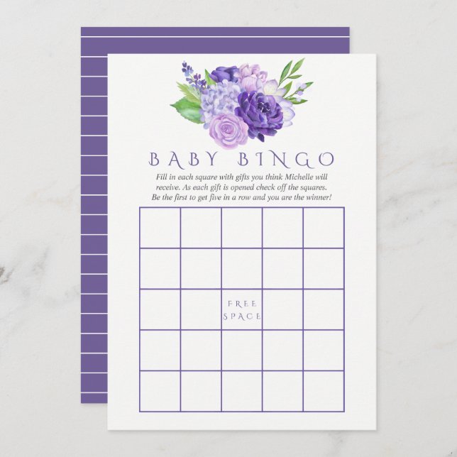 Ultra Violet Wasserfarbe Blumenbaby Dusche Bingo Einladung (Vorne/Hinten)