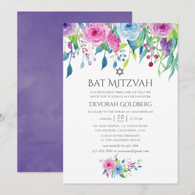 Ultra-Violet Wasserfarbe Floral Bat Mitzvah Einladung (Vorne/Hinten)