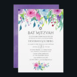 Ultra-Violet Wasserfarbe Floral Bat Mitzvah Einladung<br><div class="desc">Handgemalte Aquarellfarben-Rose flezvah Einladung mit Farbe des Jahres 2018 ultra violett mit Blautönen und Rosa mit Salbei-grünen Schnörkeln.</div>