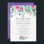 Ultra-Violet Wasserfarbe Floral Bat Mitzvah Einladung<br><div class="desc">Handgemalte Aquarellfarben-Rose flezvah Einladung mit Farbe des Jahres 2018 ultra violett mit Blautönen und Rosa mit Salbei-grünen Schnörkeln.</div>