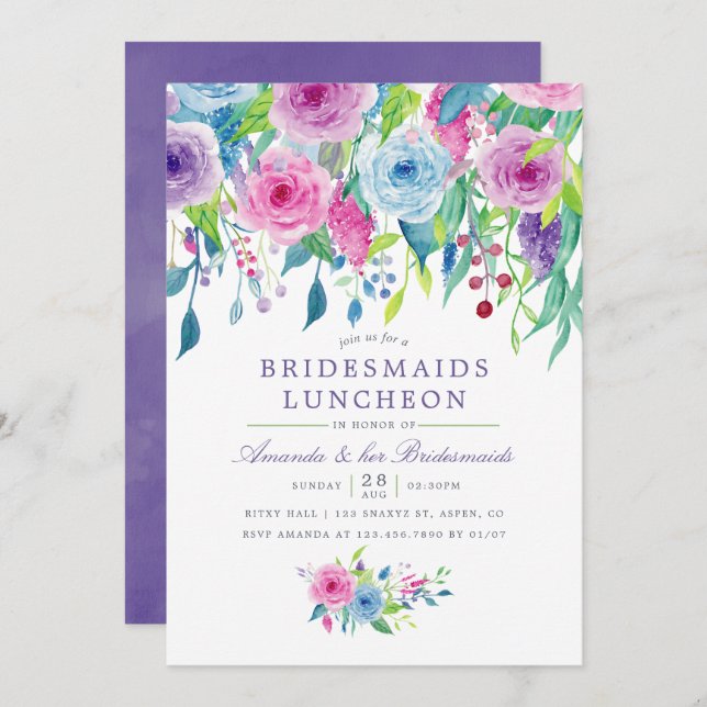 Ultra Violet Watercolor Floral Bridesmaid Luncheon Einladung (Vorne/Hinten)
