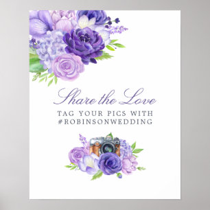Ultra Violet Watercolor Floral Wedding Hashtag Poster
