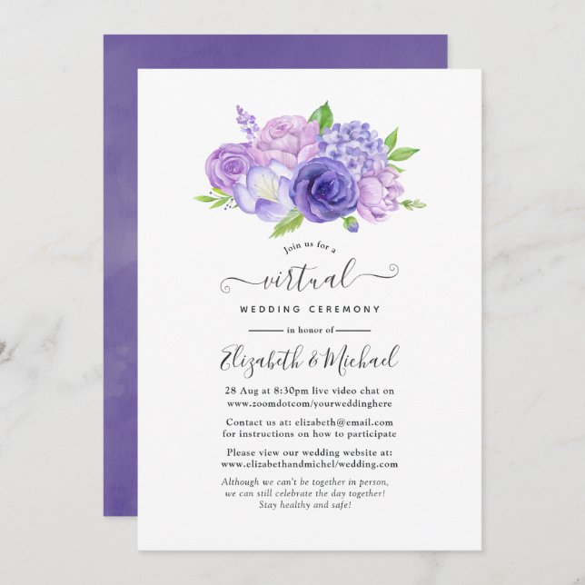 Ultra Violet Watercolor Virtual Wedding Einladung (Vorne/Hinten)