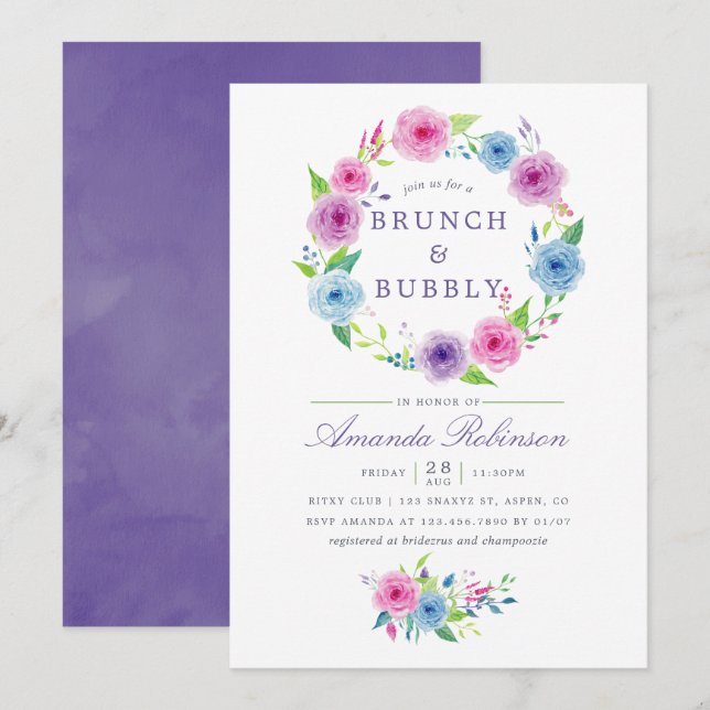Ultra-Violett-Blumenbrunch und Bubbly Einladung (Vorne/Hinten)