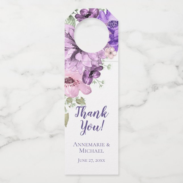 Ultra-Violett Lila rosa Wasserfarbenflora Flaschenanhänger (Vorderseite)