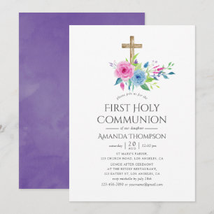 Ultra Violette Erstkommunion mit Blumenmotiv Einladung