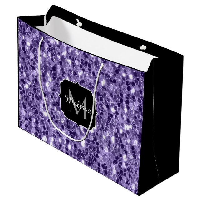 Ultra-violette lila-Glitzer-Glitzern Monogramm Große Geschenktüte (Vorderseite Schrägansicht)