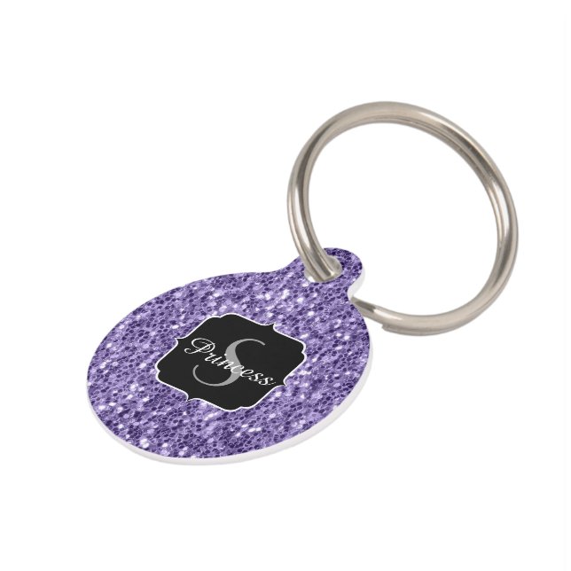 Ultra-violette lila-Glitzer-Glitzern Monogramm Haustiermarke (Seite)