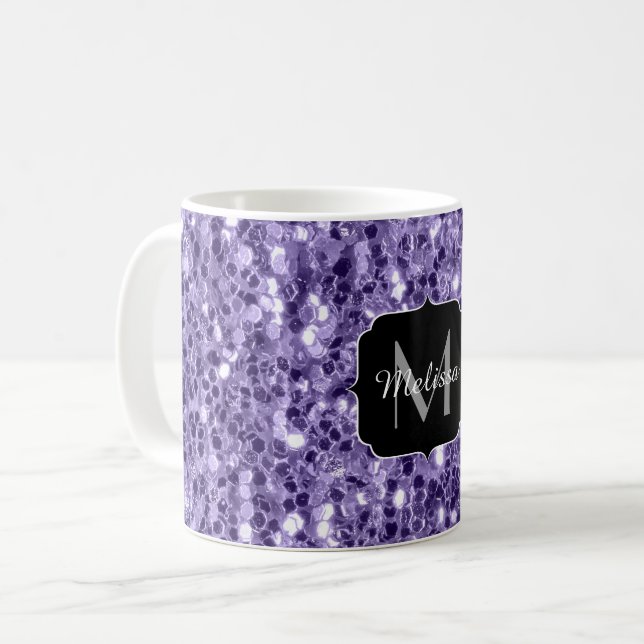 Ultra-violette lila-Glitzer-Glitzern Monogramm Kaffeetasse (Vorderseite Links)