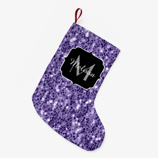 Ultra-violette lila-Glitzer-Glitzern Monogramm Kleiner Weihnachtsstrumpf (Vorderansicht (hängend))
