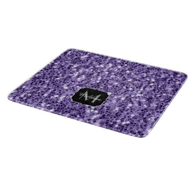 Ultra-violette lila-Glitzer-Glitzern Monogramm Schneidebrett (Ecke)