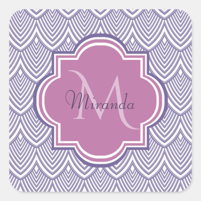Ultra-violette Scallops Orchid Monogram Name Quadratischer Aufkleber (Vorderseite)
