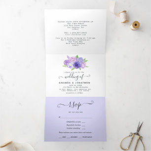 Ultra Violette Wasserfarbe-Floral-Hochzeit Alles i Dreifach Gefaltete Einladung