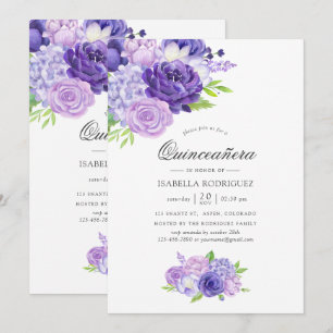 Ultra Violette Wasserfarbe Floral Quinceañera Einl Einladung