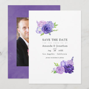 Ultra-Violette Wasserfarben-Blumen-Hochzeitsfoto Save The Date