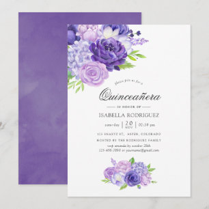 Ultra Violette Wasserfarben Floral Quinceañera Einladung