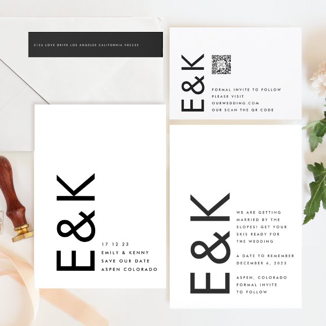 Ultramoderne Schwarz/Weiß-Monogramm ohne Foto Save The Date (Announcement showcasing suite - additional items (bought separately))