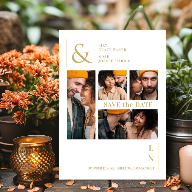Ultramoderne, trendige White & Gold 4 Multi-Fotos Save The Date (Ultra Modern Trendy White & Fake Gold 4 Multi Photos Collage Save the Date Card with Envelope.)