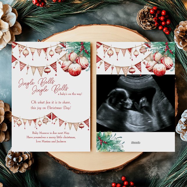 Ultraschalluntersuchung Foto Skandi Schwangerschaf Feiertagskarte (Christmas Card Pregnancy Announcement with your baby scan ultrasound photo)
