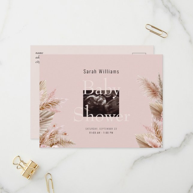 Ultrasound Foto Babydusche Pink Pampas Einladungspostkarte (Vorderseite/Rückseite Beispiel)