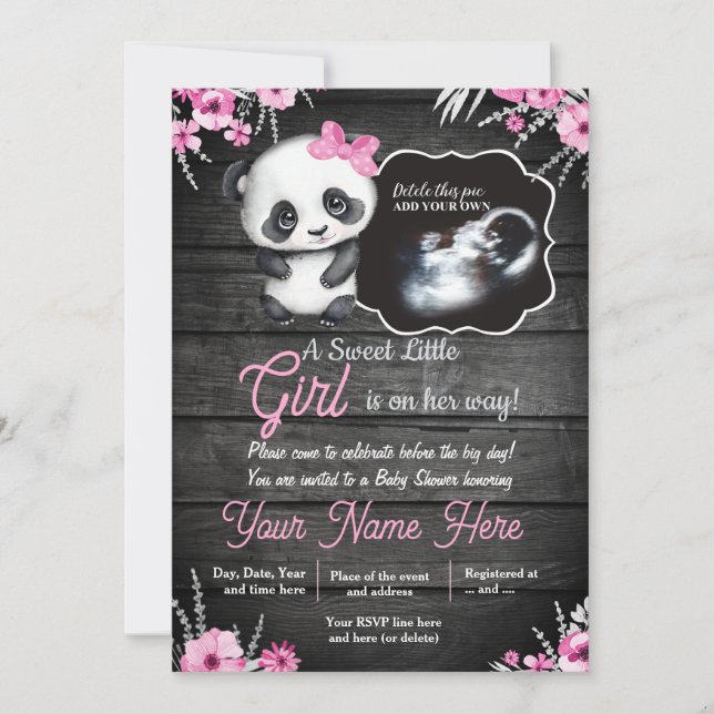 Ultrasound Girl Panda Baby Dusche Blume rustikal Einladung (Vorderseite)