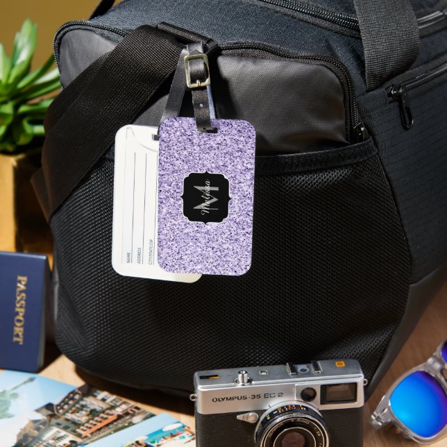 Ultraviolett lila Glitzer-Funkeln Monogramm Gepäckanhänger (Vorderseite & Rückseite)