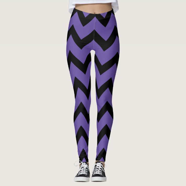 Ultraviolett-lila-Schwarz-Zickzack Muster Leggings (Vorderseite)