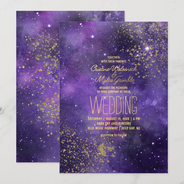 Ultraviolette Hochzeit | Glam Starry Night Einladung (Vorne/Hinten)