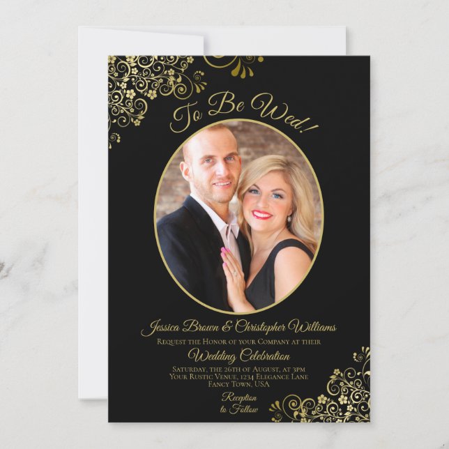 Um Black & Gold QR Code & Foto Hochzeit zu sein Einladung (Vorderseite)