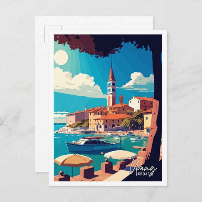 Umag Croatia Art Vintage Reisen Illustration Postkarte (Vorne/Hinten)