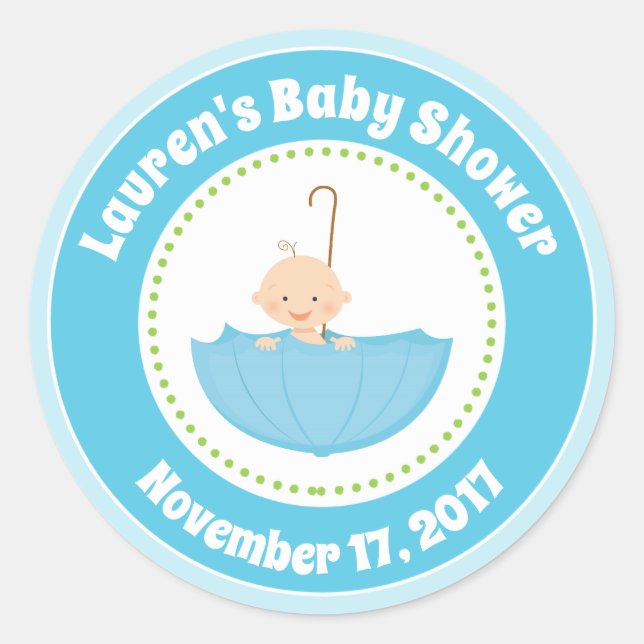 Umbrella Baby Shower Gefallen Stickers Blue Baby B (Vorderseite)